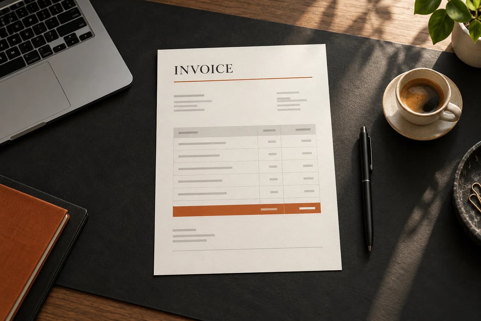 An invoice with orange accents on a charcoal desk mat beside a laptop, black pen, and coffee.
